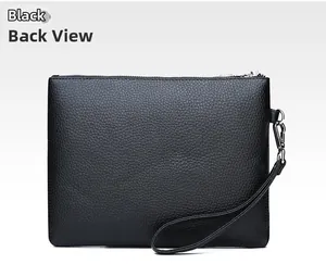 Detail view of the black lychee pattern leather clutch featuring a sturdy wrist strap and metal zipper
