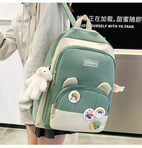 Detail of green and white school backpack with cute bear pendant and badges