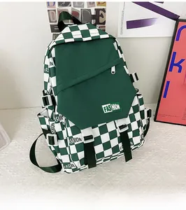 Detail showing checkered pattern canvas backpack with green fashion label and side pocket