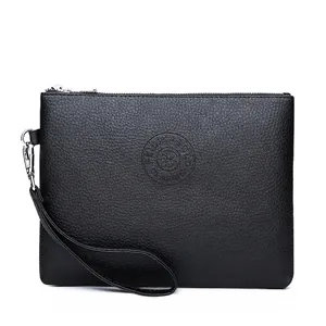Men's casual black pebble grain leather clutch bag with wristlet and silver hardware