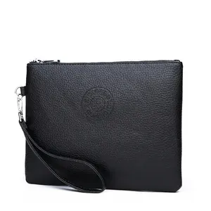 Classic black litchi pattern leather clutch bag for men with wrist strap and zipper