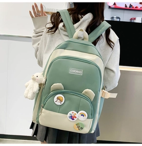 Detailed back view of a mint green school backpack with cute pins and plush bear charm