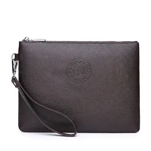 Men's dark brown lychee pattern leather clutch bag with wrist strap and metal zipper