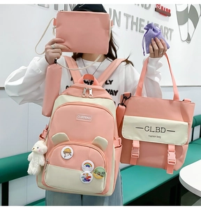 Pink and beige student backpack set with tote, crossbody bag, pencil case and bear charm