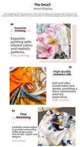 Detail showing elegant lotus print and smooth edge stitching on faux silk scarf