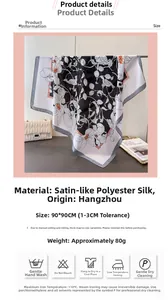 Détail d'un foulard en satin de soie 90x90cm avec icônes d'entretien et dimensions