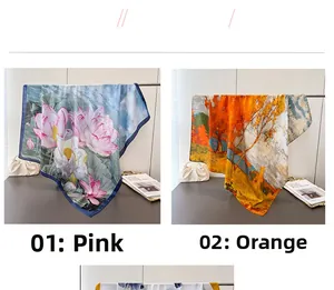 Detail showing two faux silk scarves in pink lotus and orange oil painting styles
