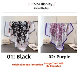 Détails des foulards en soie imprimés floraux en options noir et violet pour femme