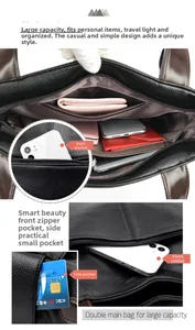 Detail view of large-capacity shoulder bag showing multiple storage compartments and dual main bags