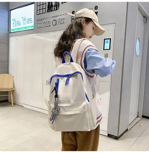Détail du sac à dos en nylon blanc cassé avec touches bleues et pendentif damier