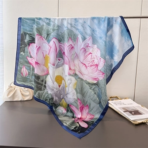 Large Square Scarf Women Elegant Imitation Satin Satin Floral Print Lotus Oil Painting Shawl Wrap Neck Decorative Fashion