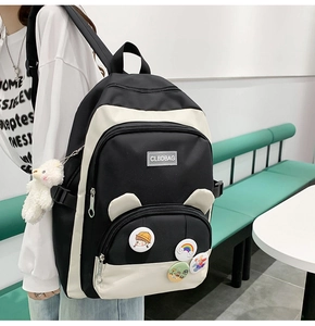 Detail of black and white panda backpack featuring cute ear design and plush charm
