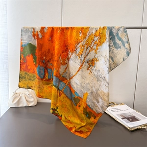 Artistic silk scarf with autumn forest landscape oil painting print and soft luster