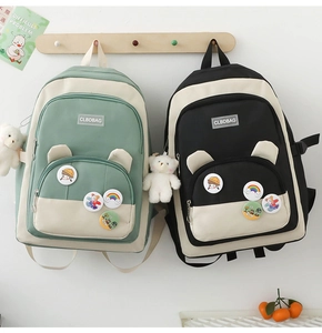 Detail of school backpacks with cute bear ear pockets, cartoon badges and plush pendant