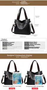 Detailed size chart of black PU leather handbag with measurements 32x23x12 cm and features