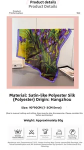 Détail de l'imprimé floral artistique sur un foulard carré en satin de soie 90x90cm