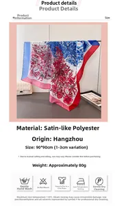 Detailed view of 90x90cm floral satin scarf with size specs and washing instructions