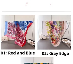 Detailed macro view of smooth satin square scarf featuring artistic vintage floral prints