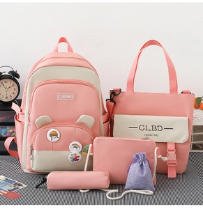 Pink and beige school backpack set with cute badges and matching tote bags for students