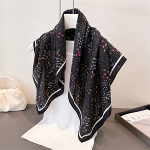 Floral print square silk-feel scarf in black with red and white patterns and border