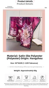 Detail of 90x90cm floral satin silk scarf with peony print and soft fabric texture