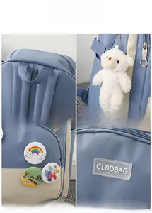 Close-up of blue and white backpack featuring plush bear charm and decorative badges