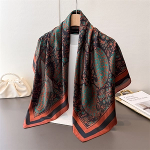Elegant Paisley print satin silk scarf in brick red and dark green for women