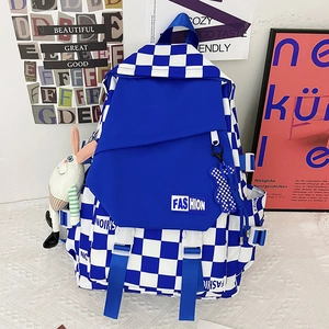 Blue and white checkerboard canvas backpack with cute plush charms for students