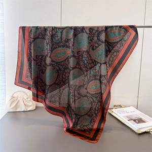 Green paisley silk-like large square scarf with orange borders for hair or shawl use
