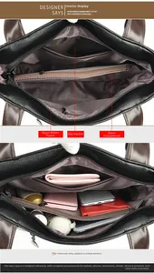Internal view of black leather tote bag featuring multiple pockets and purple fabric lining