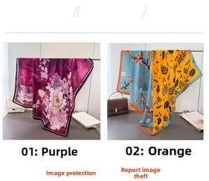 Close-up of floral print satin square scarves in purple and orange color variations