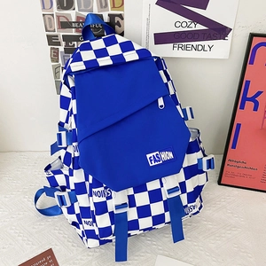 Fashionable blue and white checkerboard student backpack with large capacity and multi-pockets