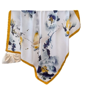 Ink floral silk square scarf in white and blue with yellow border and pearl bag detail