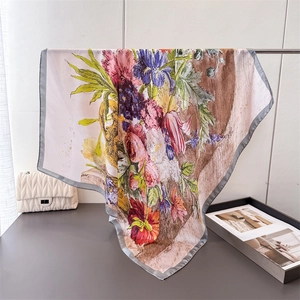Artistic oil painting floral square silk scarf with elegant drape and colorful patterns