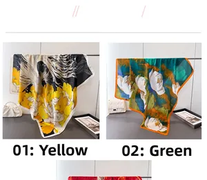 Detail view of artistic silk scarves with goldfish and floral patterns in yellow and green