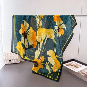 Square Scarf Satin Like Satin Floral Print Large Artistic Oil Painting Style Head Neck Wrap For Women Elegant Vintage