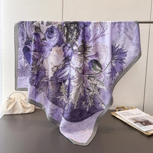 Lightweight faux silk square scarf with purple rose floral print and grey border accent