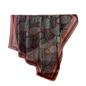Silk-like paisley square scarf in brown and turquoise, elegant satin neck shawl wrap