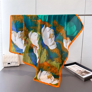 Large Square Scarf Satin Feeling Satin Printed Floral Lotus Shawl Headscarf For Women Elegant Vintage Chinese Style Art