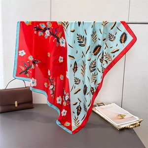 Floral silk square scarf with bold red and blue color block design for women