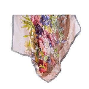 Artistic oil painting style floral silk square scarf with elegant gray border draping