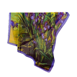 Foulard élégant en soie avec imprimé Van Gogh Iris et bordures violettes pour femmes