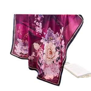 Elegant silk-like scarf with pink peony floral print and navy blue borders