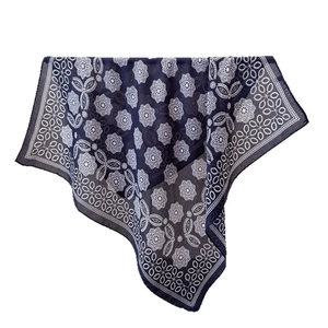 Navy blue cotton linen scarf with white floral patterns and woven texture for women