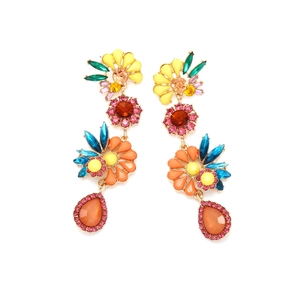 Bunte Blumenohrringe mit lebendigen Kristallen und orangefarbenem Tropfenanhänger