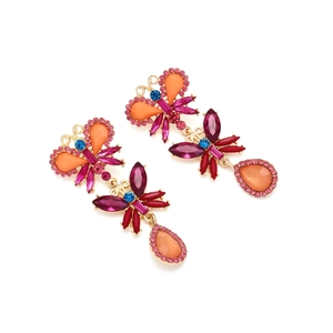 Elegant bohemian butterfly drop earrings with colorful crystals and rhinestones in gold alloy