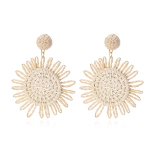 Handmade Woven Raffia Rattan Sunflower Drop Earrings Bohemian Vacation Floral Style Women Accessory