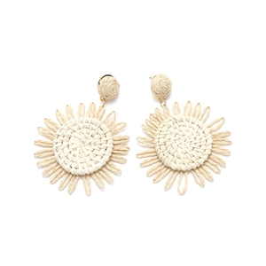 Bohemian handmade raffia sunflower drop earrings with natural fringe weave for women