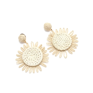 Detailed view of handmade woven raffia sunflower earrings with delicate fringe texture