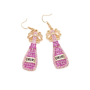 Sparkling pink rhinestone champagne bottle earrings with gold finish and Cheers slogan